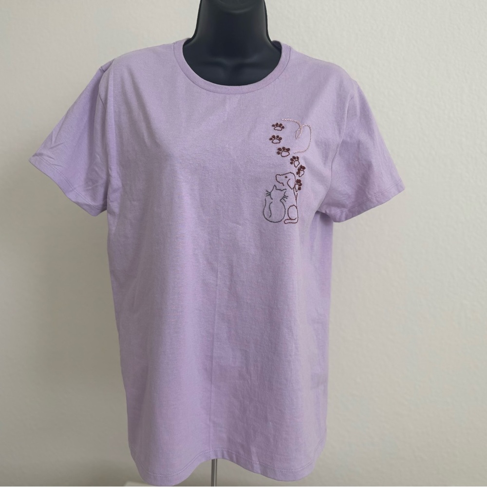 Hand Embroidered Cat & Dog T-Shirt Women Size M Unique Design
